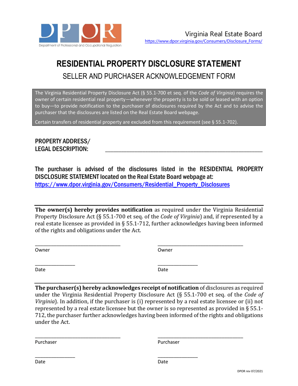 Virginia Residential Property Disclosure Statement Seller and Purchaser