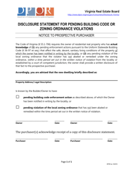 Document preview: Disclosure Statement for Pending Building Code or Zoning Ordinance Violations - Virginia