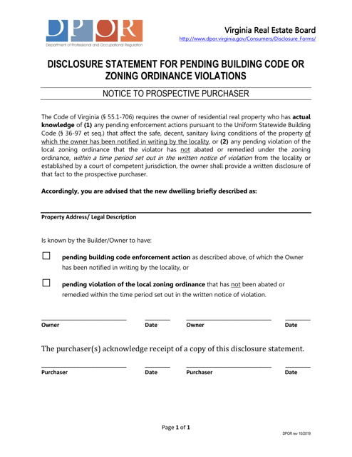 Disclosure Statement for Pending Building Code or Zoning Ordinance Violations - Virginia Download Pdf