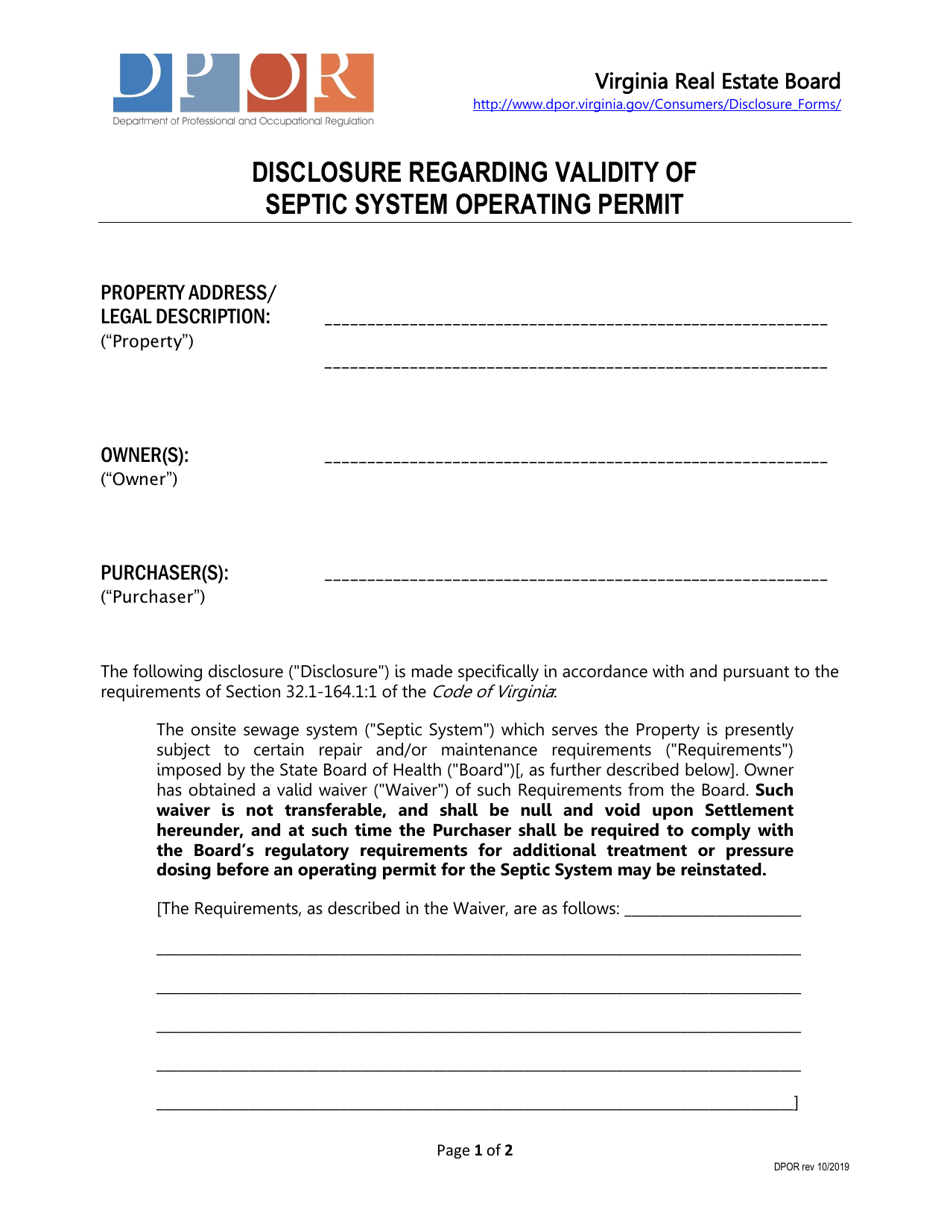 Disclosure Regarding Validity of Septic System Operating Permit - Virginia, Page 1