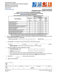 Document preview: Form A501-2710EXLIC Tradesman Exam &amp; License Application - Virginia