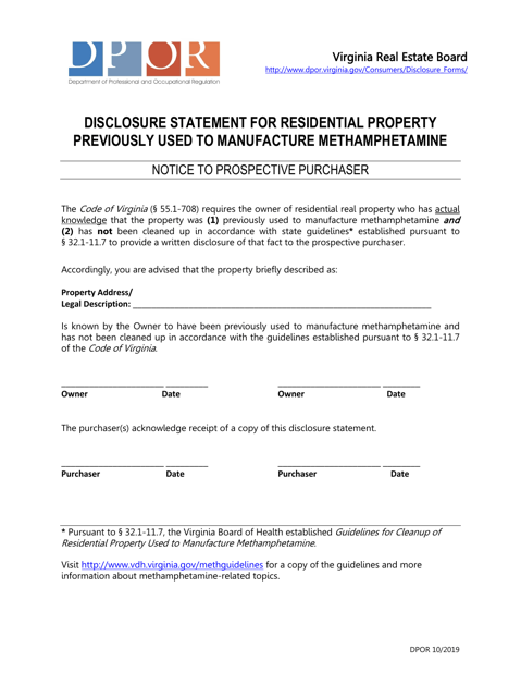 Disclosure Statement for Residential Property Previously Used to Manufacture Methamphetamine - Virginia