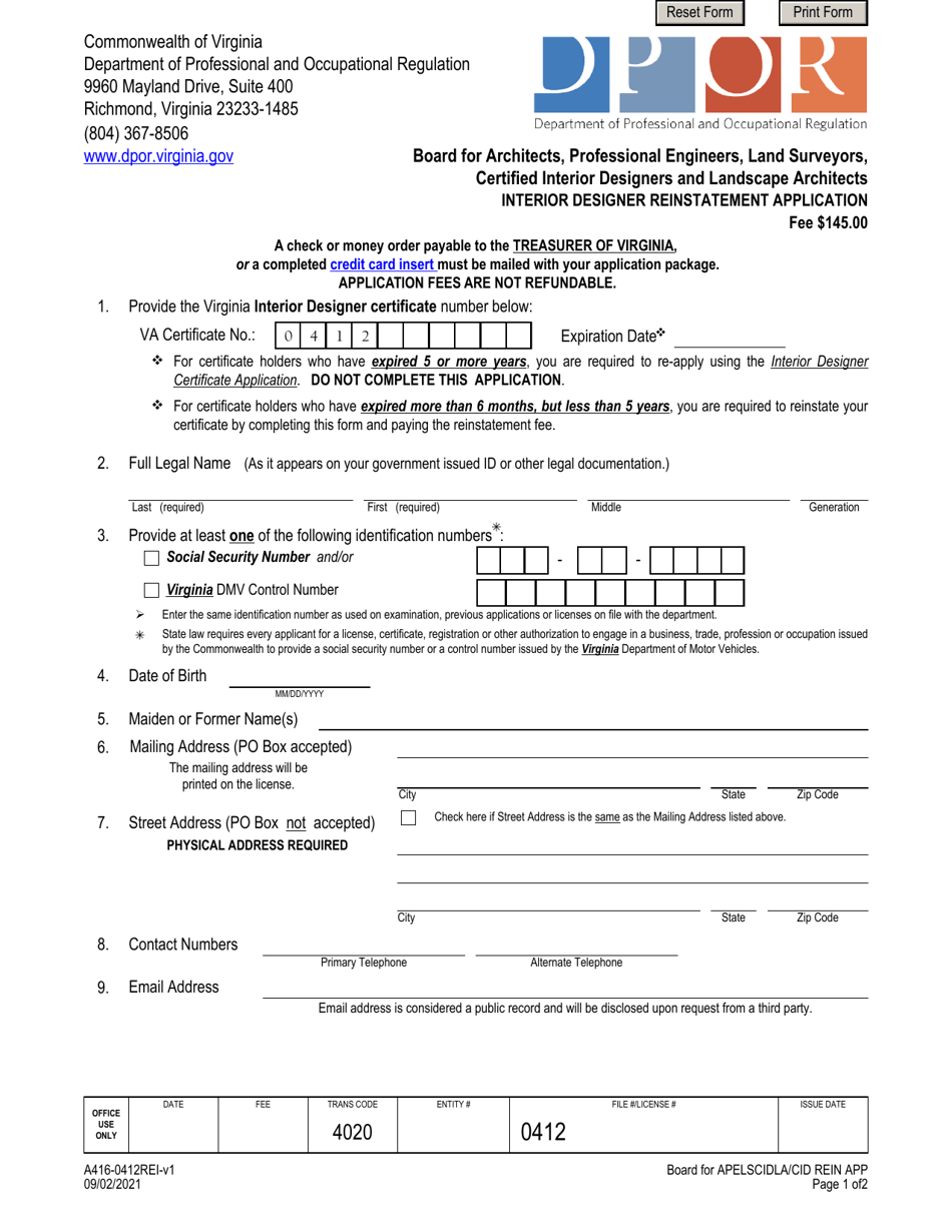 Form A416-0412REI Interior Designer Reinstatement Application - Virginia, Page 1