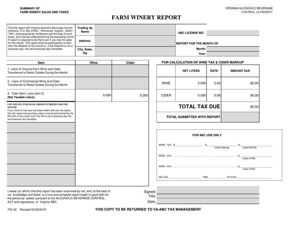 Form 703-40 Farm Winery Report - Virginia, Page 1