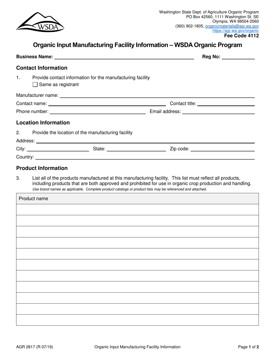 Form AGR2817 Organic Input Manufacturing Facility Information - Wsda Organic Program - Washington, Page 1