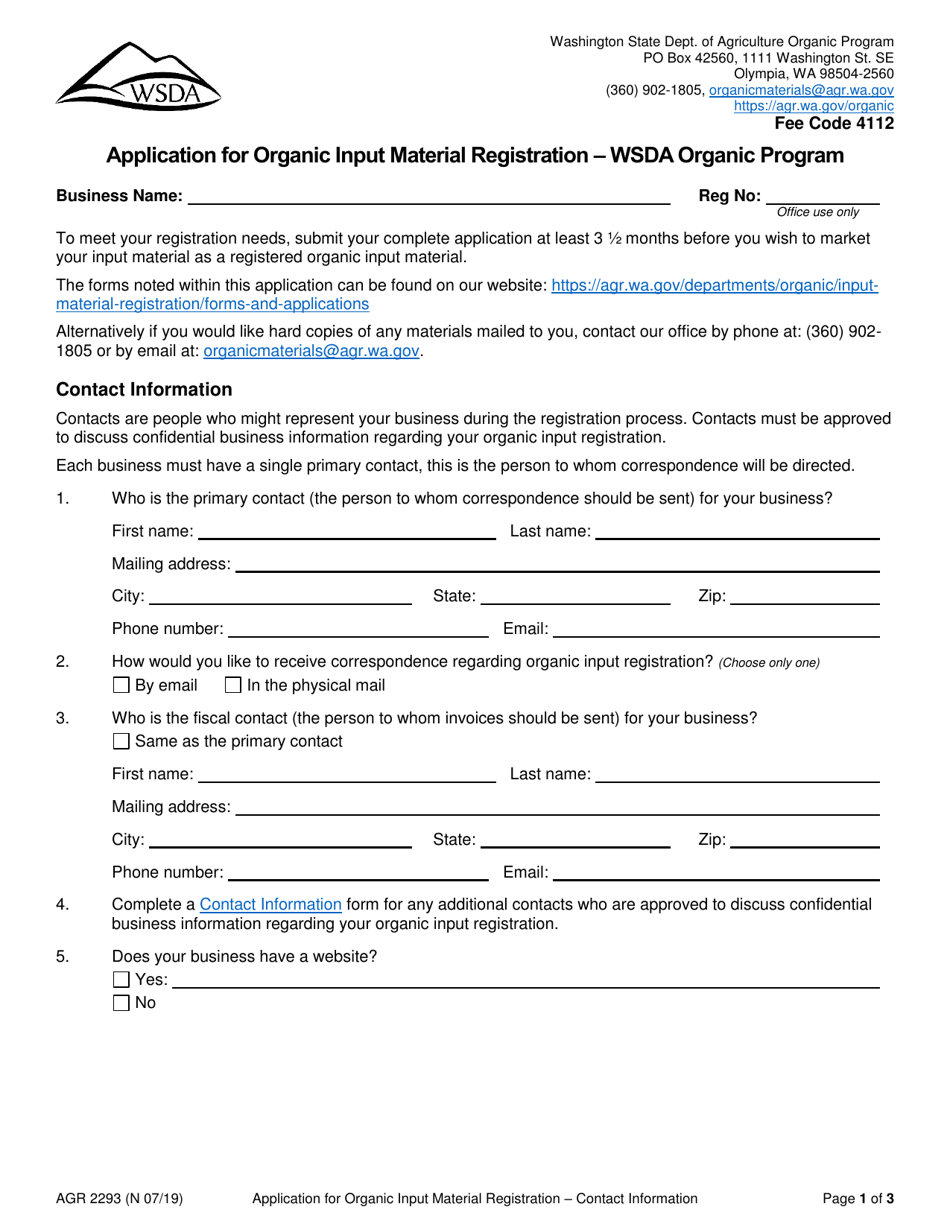 Form AGR2293 Application for Organic Input Material Registration - Wsda Organic Program - Washington, Page 1