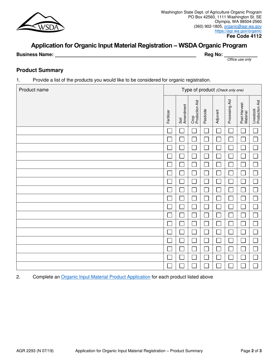 Form AGR2293 Application for Organic Input Material Registration - Wsda Organic Program - Washington, Page 2