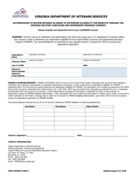 VDVS-VMSDEP Form 2 &quot;Authorizaion to Review Records in Order to Determine Eligibility for Benefits Through the Virginia Military Survivors and Dependents Program (Vmsdep)&quot; - Virginia