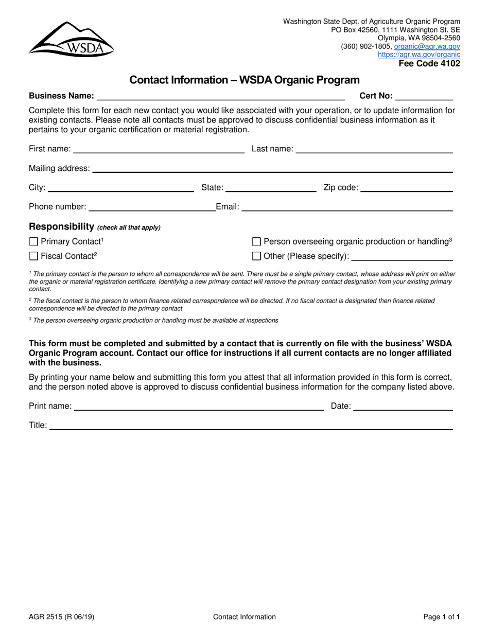 Form AGR2515 Contact Information - Wsda Organic Program - Washington, Page 1