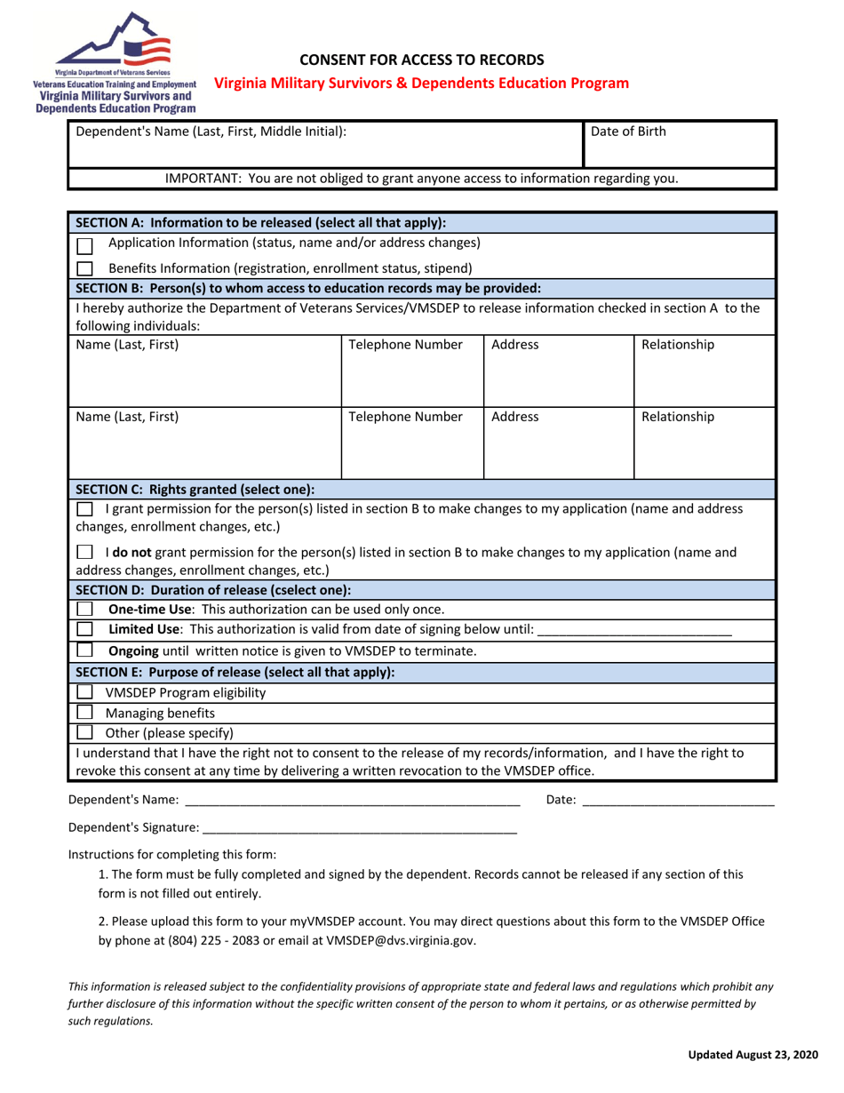Virginia Consent for Access to Records Virginia Military Survivors