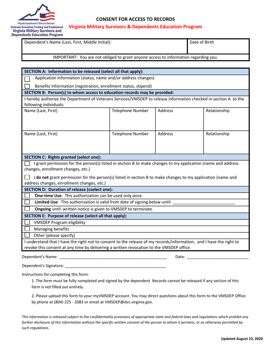 Consent for Access to Records - Virginia Military Survivors  Dependents Education Program (Vmsdep) - Virginia, Page 1