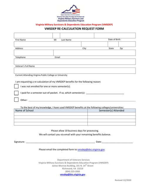 Vmsdep Re-calculation Request Form - Virginia Download Pdf
