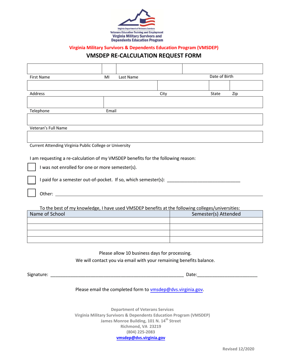 Virginia Vmsdep Recalculation Request Form Fill Out, Sign Online and