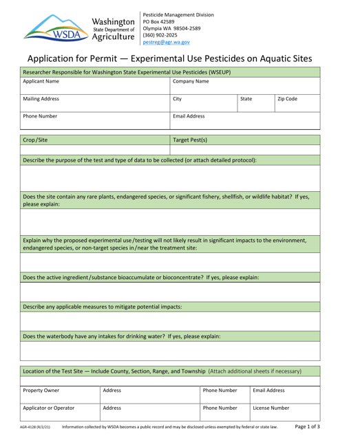 Form AGR630-4128 Application for Permit - Experimental Use Pesticides on Aquatic Sites - Washington