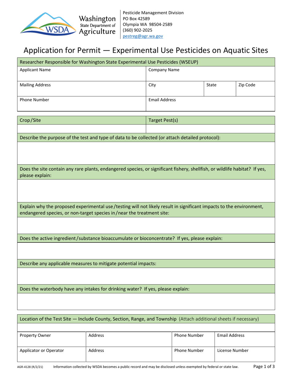 Form AGR630-4128 Application for Permit - Experimental Use Pesticides on Aquatic Sites - Washington, Page 1