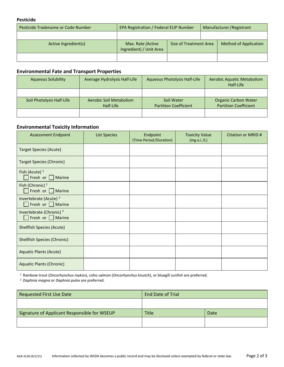 Form AGR630-4128 Application for Permit - Experimental Use Pesticides on Aquatic Sites - Washington, Page 2