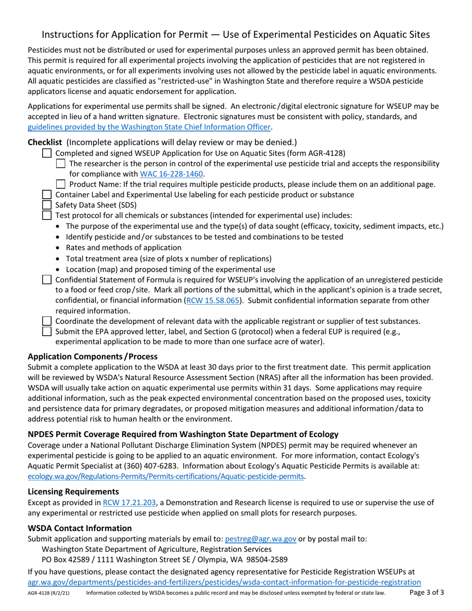 Form AGR630-4128 Application for Permit - Experimental Use Pesticides on Aquatic Sites - Washington, Page 3