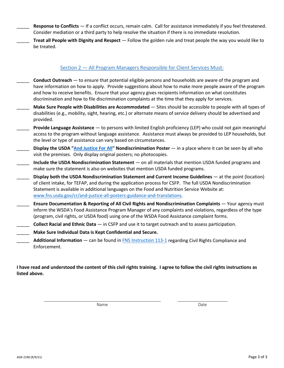 Form AGR-2198 Annual Civil Rights Training Checklist for Frontline Staff, Volunteers, and Managers - Washington, Page 3