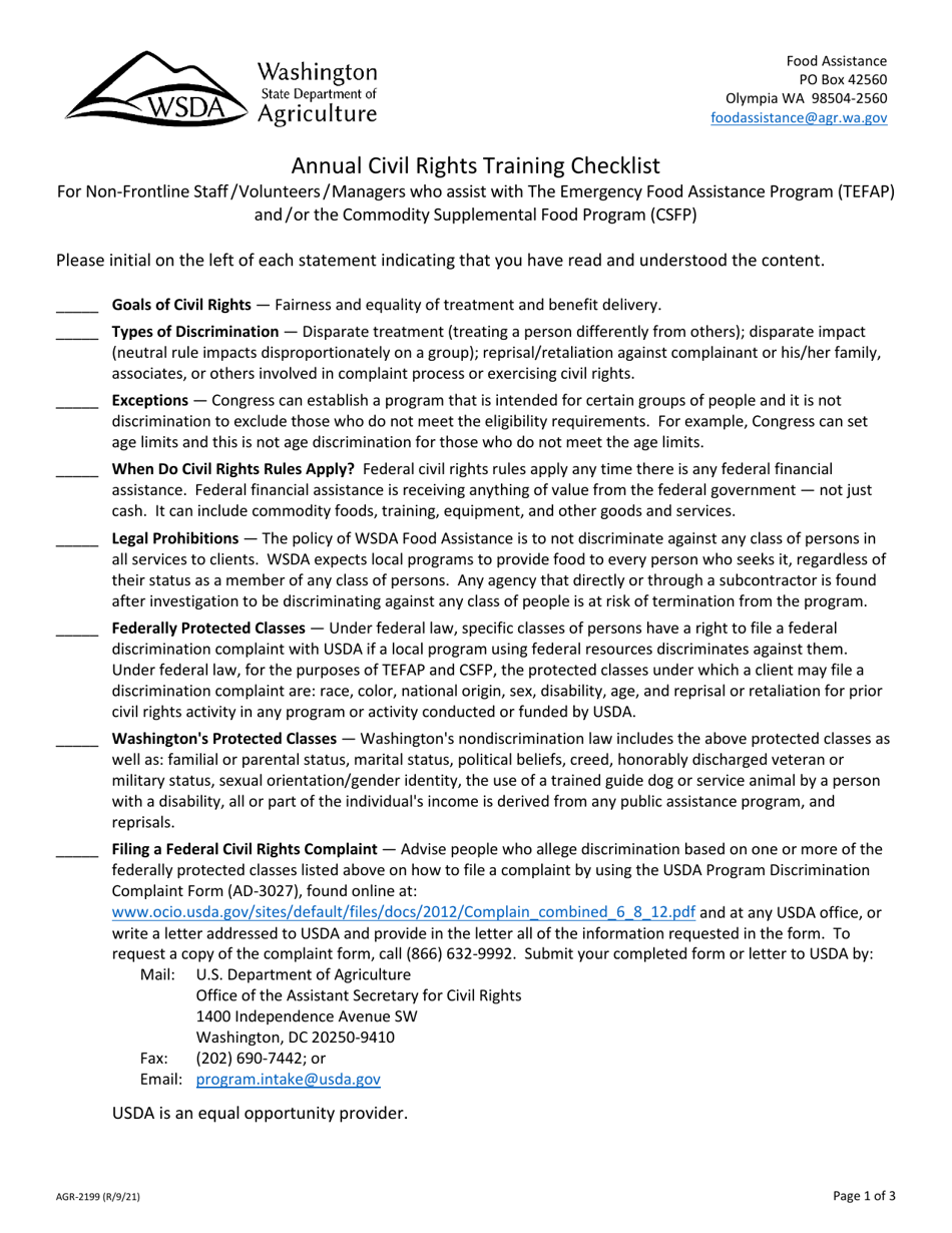 Form AGR-2199 Annual Civil Rights Training Checklist for Non-frontline Staff, Volunteers, and Managers - Washington, Page 1