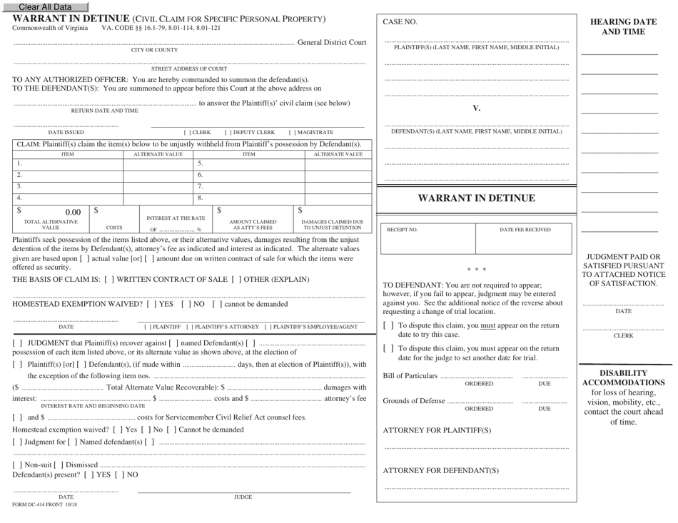 Form DC-414 Warrant in Detinue (Civil Claim for Specific Personal Property) - Virginia, Page 1