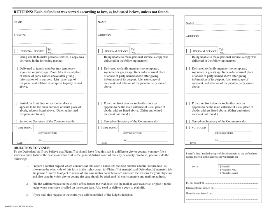Form DC-414 Warrant in Detinue (Civil Claim for Specific Personal Property) - Virginia, Page 2