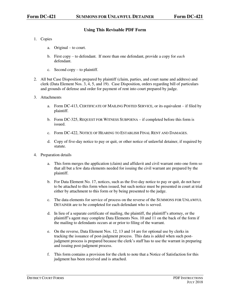 Instructions for Form DC-421 Summons for Unlawful Detainer (Civil Claim for Eviction) - Virginia, Page 1