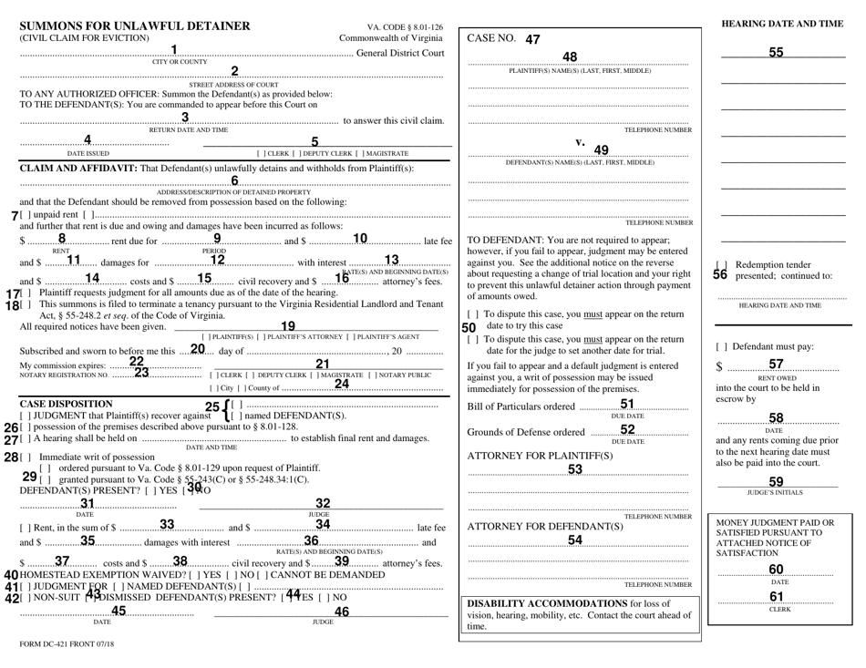 Instructions for Form DC-421 Summons for Unlawful Detainer (Civil Claim for Eviction) - Virginia, Page 2