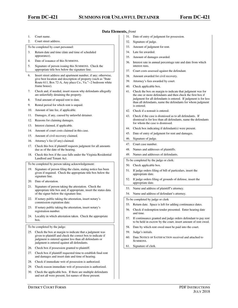 Instructions for Form DC-421 Summons for Unlawful Detainer (Civil Claim for Eviction) - Virginia, Page 3