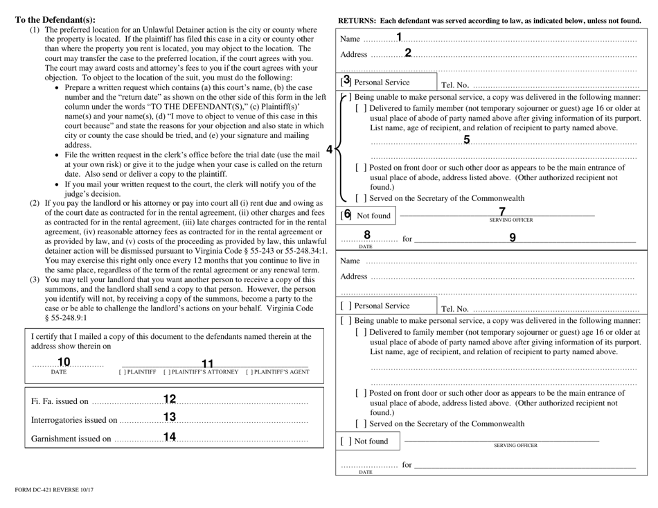 Download Instructions for Form DC421 Summons for Unlawful Detainer