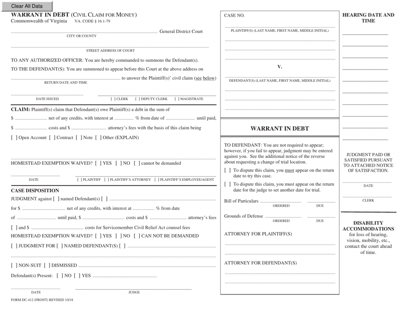 Form DC-412  Printable Pdf