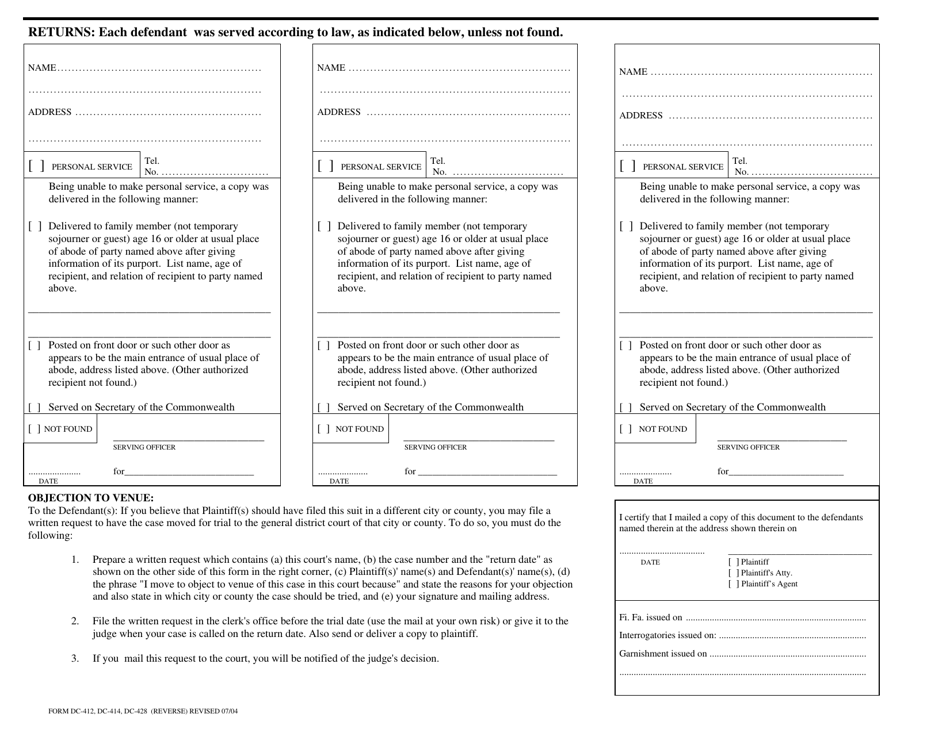 Form DC-412 Warrant in Debt (Civil Claim for Money) - Virginia, Page 2