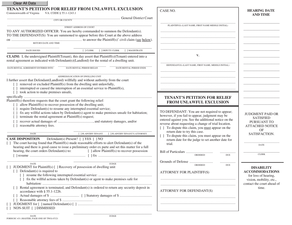 Form Dc 431 Fill Out Sign Online And Download Fillable Pdf Virginia Templateroller 