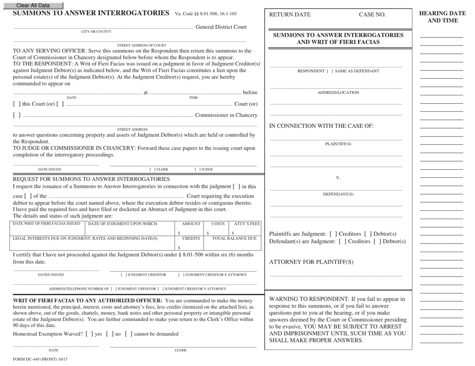 Form DC-440 Summons to Answer Interrogatories - Virginia, Page 1