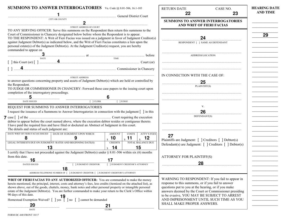 Instructions for Form DC-440 Summons to Answer Interrogatories - Virginia, Page 2