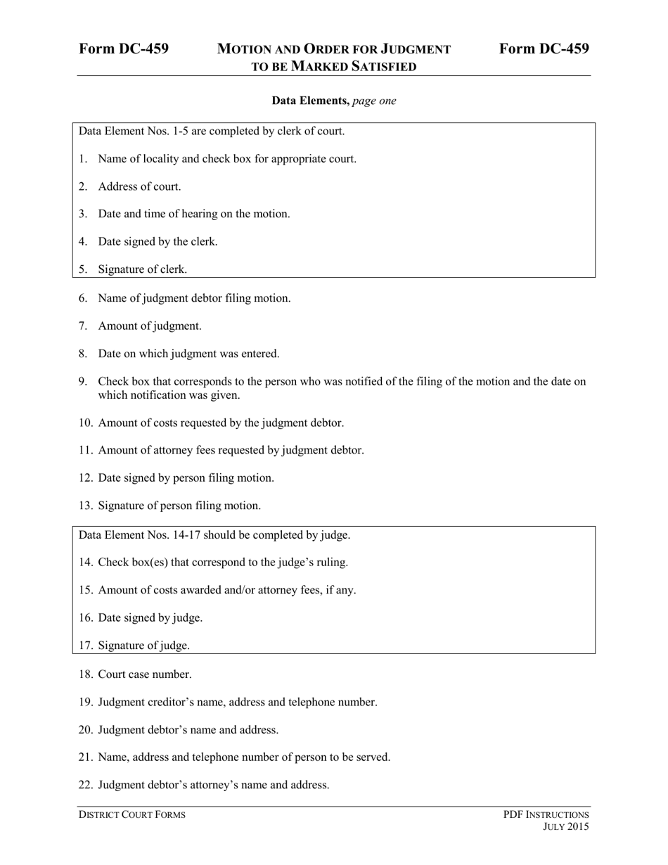 Instructions for Form DC-459 Motion and Order for Judgment to Be Marked Satisfied - Virginia, Page 3