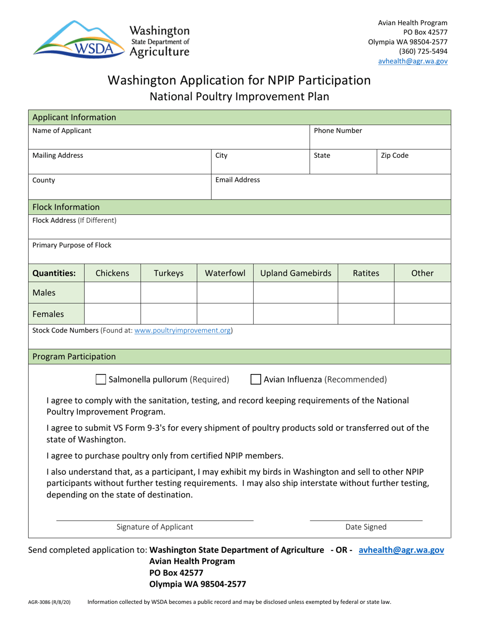 Form AGR-3086 Washington Application for Npip Participation - Washington, Page 1