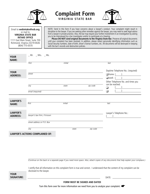 Complaint Form - Virginia Download Pdf