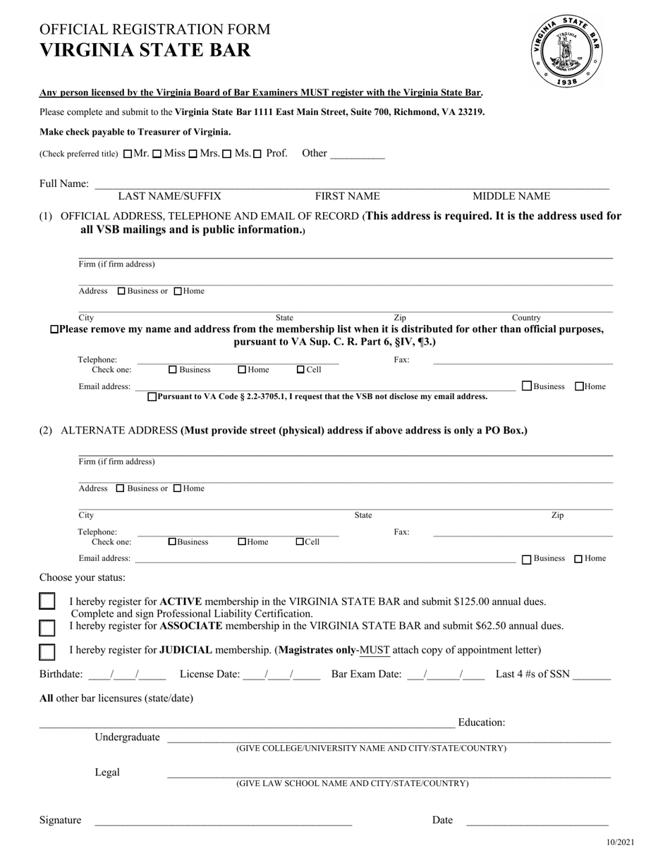 Official Registration Form - Virginia, Page 1