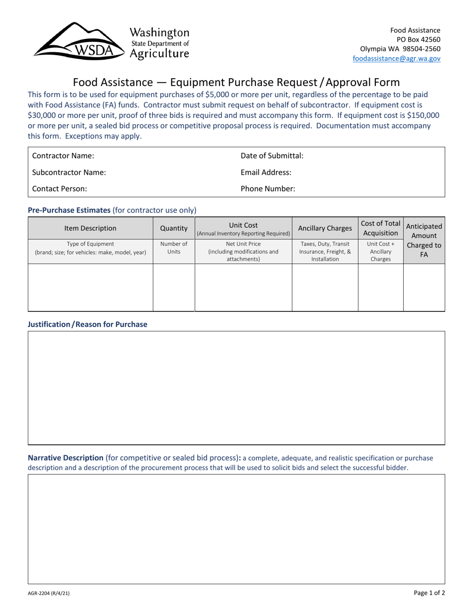 Form AGR-2204 Food Assistance - Equipment Purchase Request / Approval Form - Washington, Page 1
