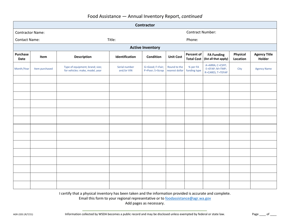 Form AGR-2201 Food Assistance - Annual Inventory Report - Washington, Page 3