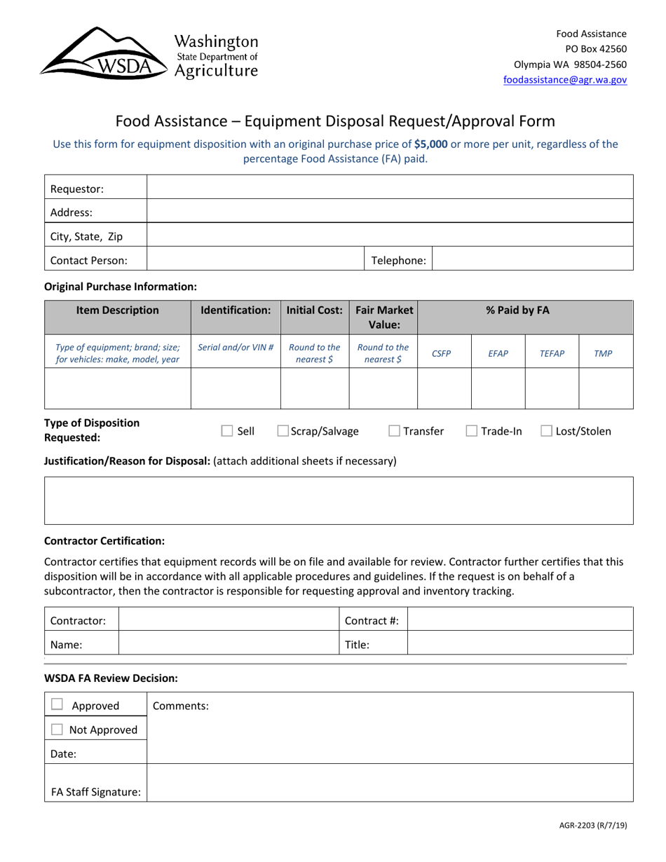 Form AGR-2203 Food Assistance - Equipment Disposal Request / Approval Form - Washington, Page 1