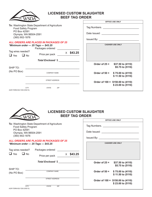 AGR Form 603-7205 Licensed Custom Slaughter Beef Tag Order - Washington