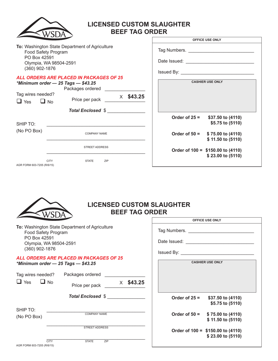 AGR Form 603-7205 Licensed Custom Slaughter Beef Tag Order - Washington, Page 1