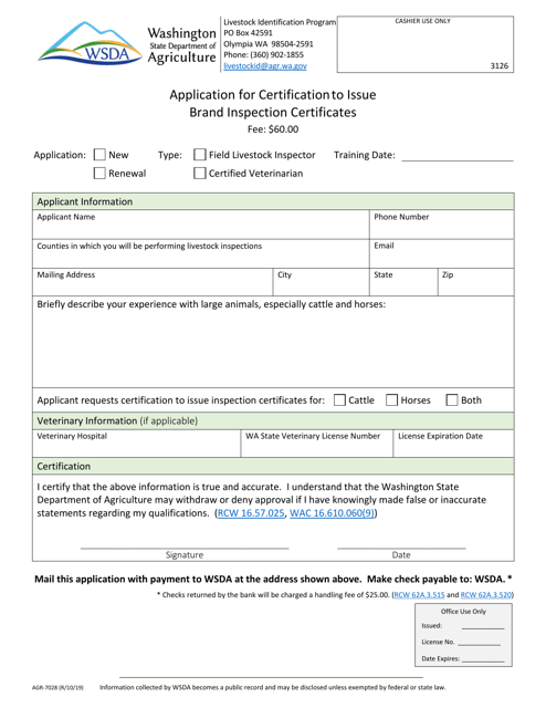 Form AGR-7028 Application for Certification to Issue Brand Inspection Certificates - Washington