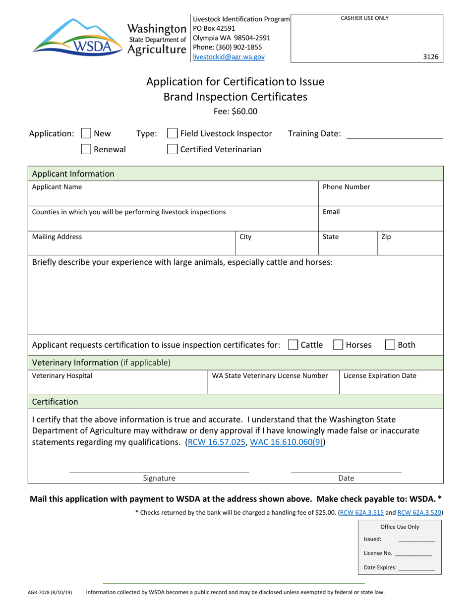 Form AGR-7028 Application for Certification to Issue Brand Inspection Certificates - Washington, Page 1