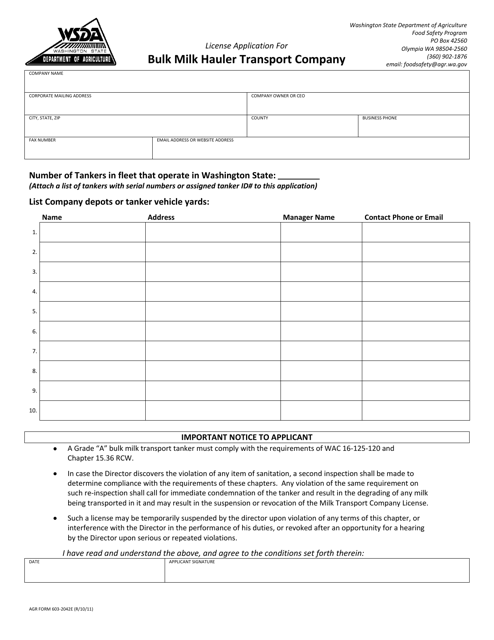 AGR Form 603-2042E License Application for Bulk Milk Hauler Transport Company - Washington
