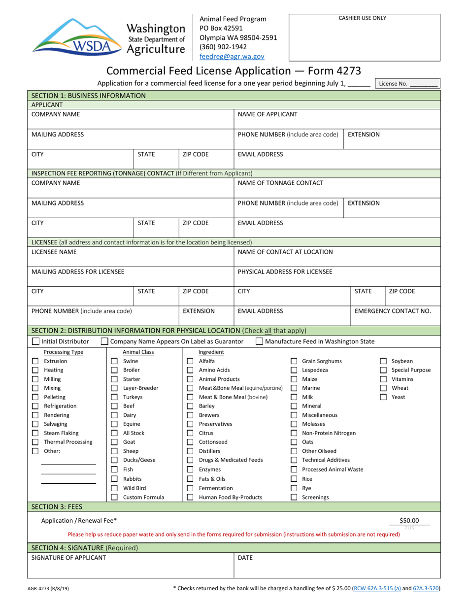 Form AGR-4273 Commercial Feed License Application - Washington, Page 1