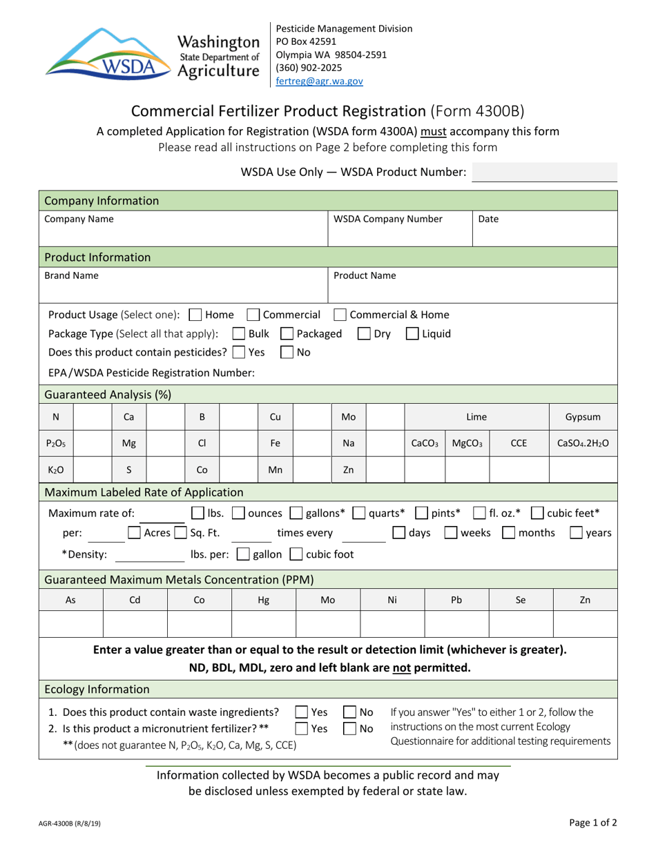 Form AGR-4300B Commercial Fertilizer Product Registration - Washington, Page 1