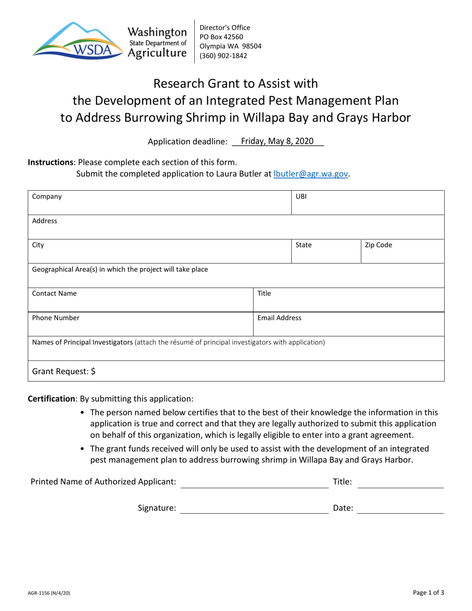 Form AGR-1156 Download Fillable PDF or Fill Online Research Grant to ...