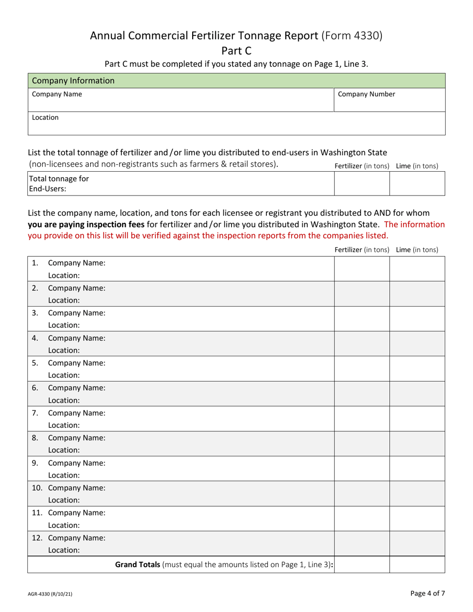 Form AGR-4330 Annual Commercial Fertilizer Tonnage Report - Washington, Page 4
